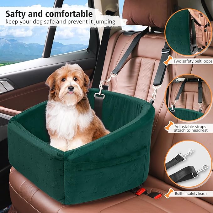 Dog Car Seat for Small Medium Dogs,Detachable Washable Dog Booster Seat Under 30lbs, Pet Car Seats Travel Bed with Storage Pockets and Safety Belt(Green)