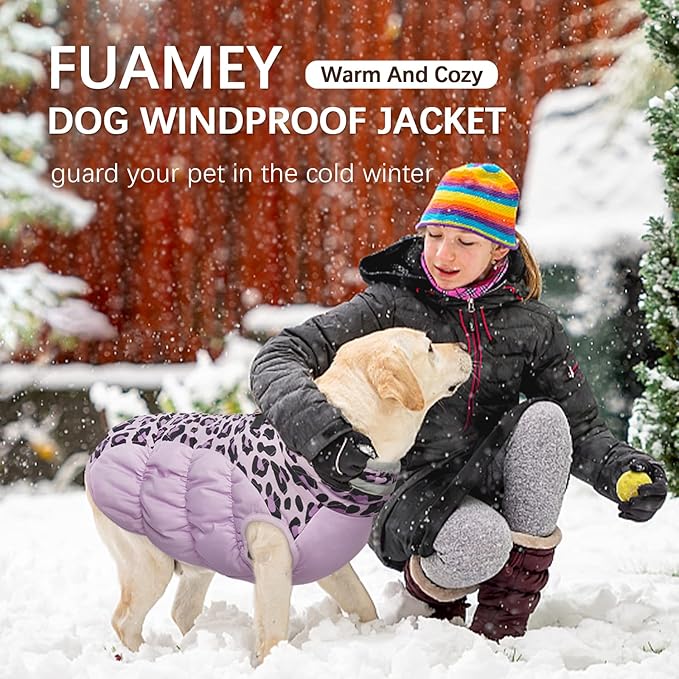 FUAMEY Dog Winter Coat - Cold Weather Jacket with Zipper, Built-in Harness, Padded Vest, Water Resistant, Reflective - Purple Leopard, S, M, L