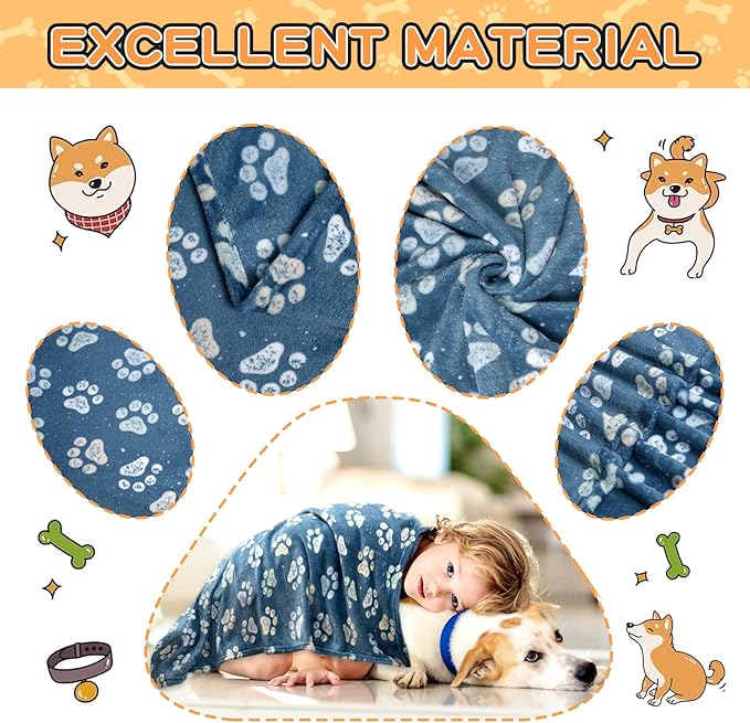 1 Pack 3 Premium Fleece Blankets for Large and Medium Dogs - Super Soft Fluffy Pet Throw for Puppies and Cats, Navy Blue Paw Blanket (41x31 Inch)