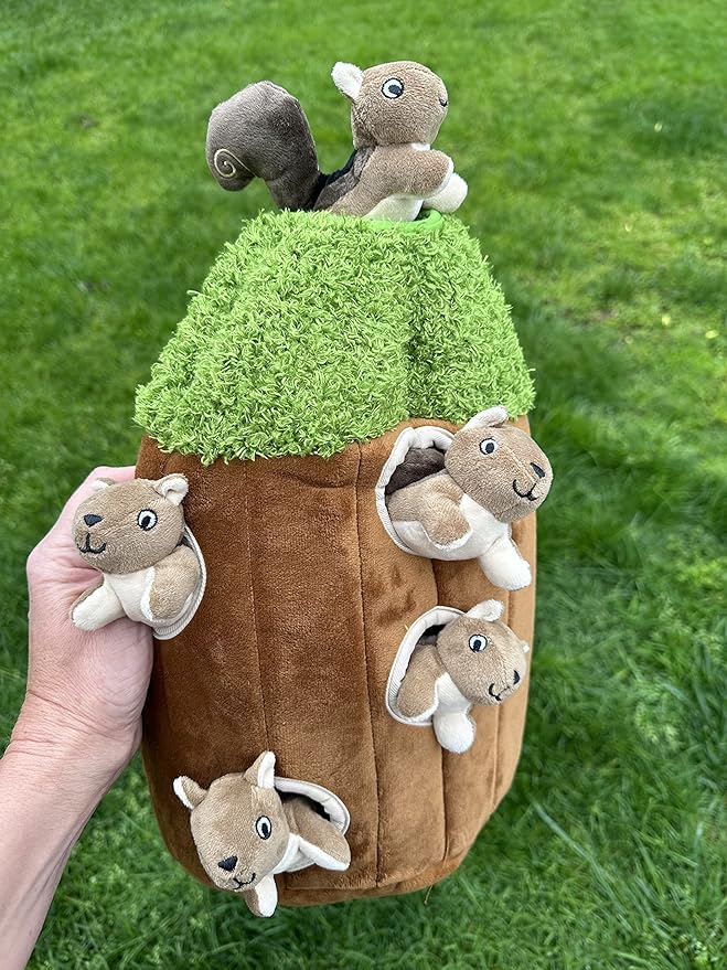 Squirrel in Tree Hide and Seek Toy for Small and Medium Size Dogs, Plush Squirrel Inside Trunk With Squeaker, Interactive Burrow (Tree With Squirrels, Large)