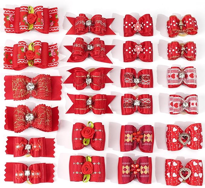 Yxiang 24PCS Dog Hair Bows, Red Cute Dog Hair Bows Yorkie Puppy Bows with Rubber Band Pet Grooming Bows Colored Polka Dot Dog Hair Accessories for Small Dogs