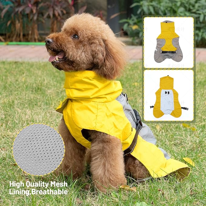 Dog Raincoat with Harness Built in,Outdoor Waterproof Puppy Rain Jacket for Small Dogs,Adjustable Waist by Strap Doggie Rain Coats,Yellow XS