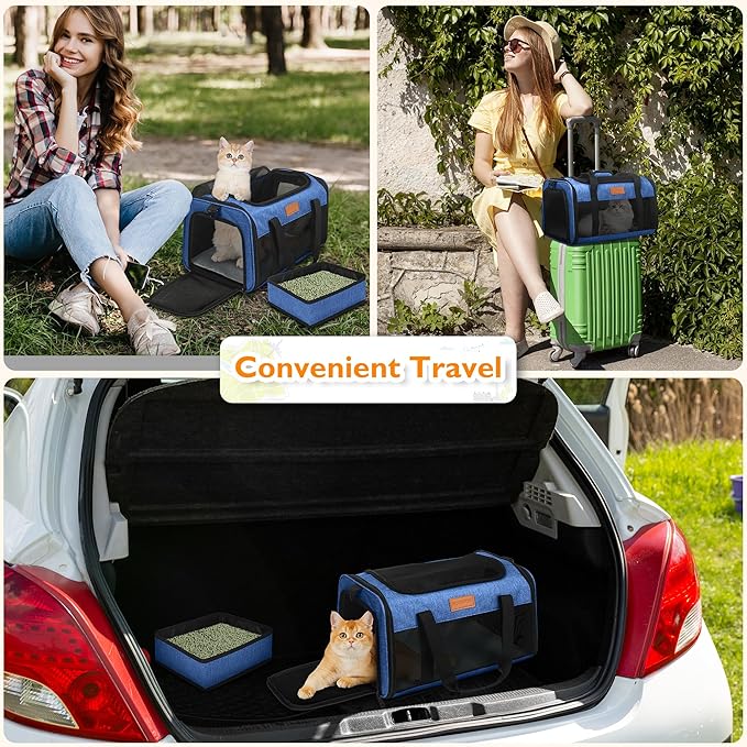 PETUX TSA Approved Pet Carrier in Cabin, 17"x11"x9.5" Soft Cat Carriers for Small Cats and Dogs Up to 15 LB, Top-Open Portable Pet Carrier Airline Approved with Litter Box and Anti-Scratch Mesh, Blue