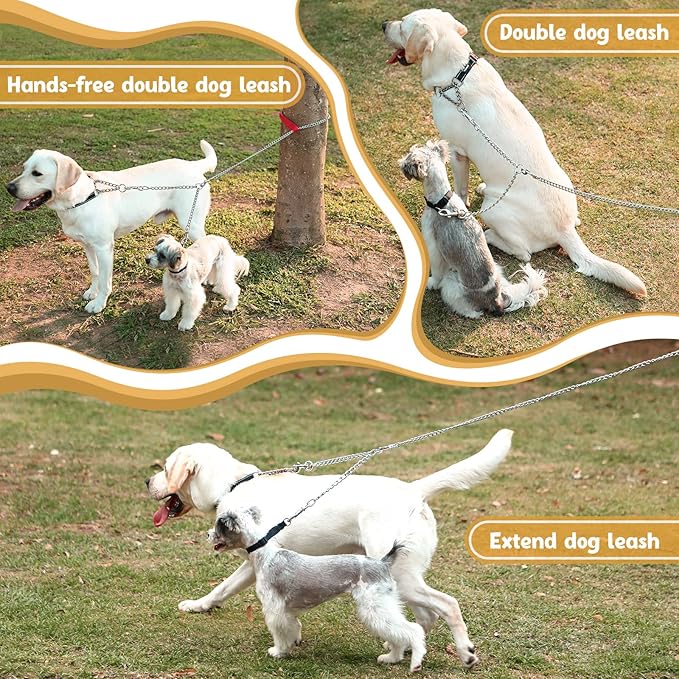 PETTOM Heavy Duty 2 Way Dog Lead Metal Chain Double Pet Clip Leash Coupler 360° Swivel No Tangle Double Dog Walking & Training Leash(XS 2.5mm*40cm Double Leash, Silver)