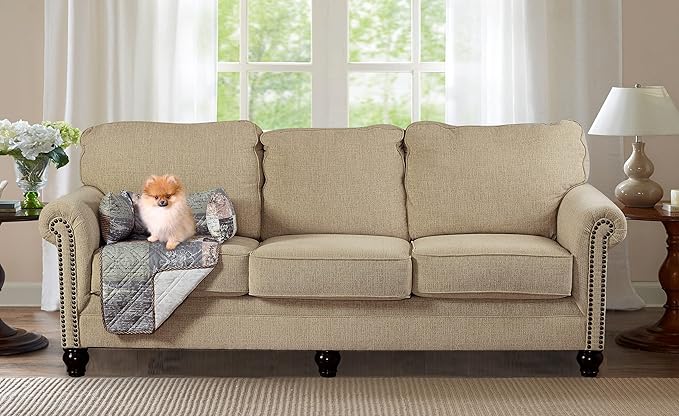 Brilliant Sunshine Quilted Calming Dog Bed Mat, Removable Washable Cover, Cushion Protector and Couch Covers for Dogs, Pets, Cats, Small, Latte Grey Paris and Toile Floral Patchwork