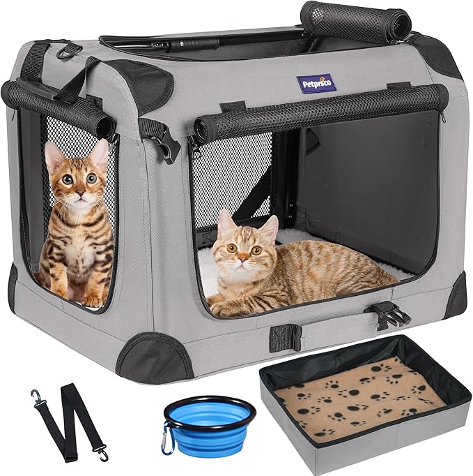 Petprsco Extra Large Cat Carrier for 2 Cats Small Medium Dogs,Soft Sided Pet Carrier 24x17x17 for Car Travel with Collapsible Litter Box, Warm Blanket, Foldable Bowl and Washable Pad