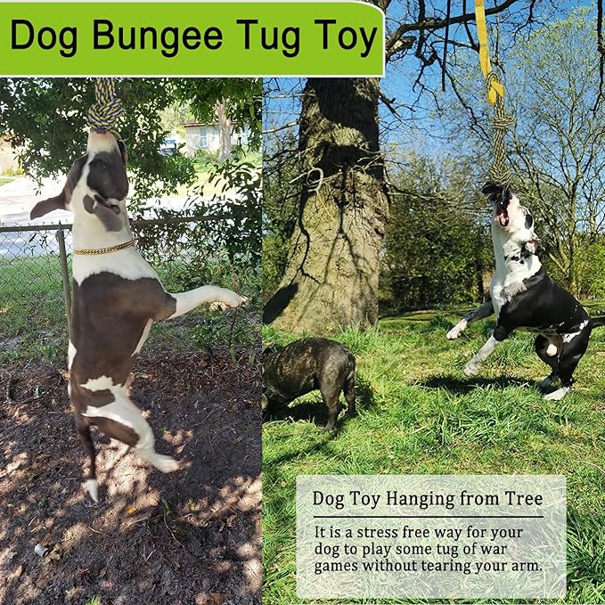 Dog Bungee Tug Toy Hanging from Tree,Outdoor Tether Tug of War Interactive Dog Rope with Chew Lure for Small Medium Large Dogs (Yellow)