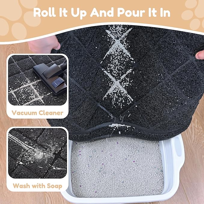 Amyracel Cat Litter Mat, 36"x30" Non-Slip Litter Trapping Mat, Urine-Proof Kitty Litter Mats for Floor, Soft on Kitty’s Paws, Kitten Supplies for Indoor Cats (Black)