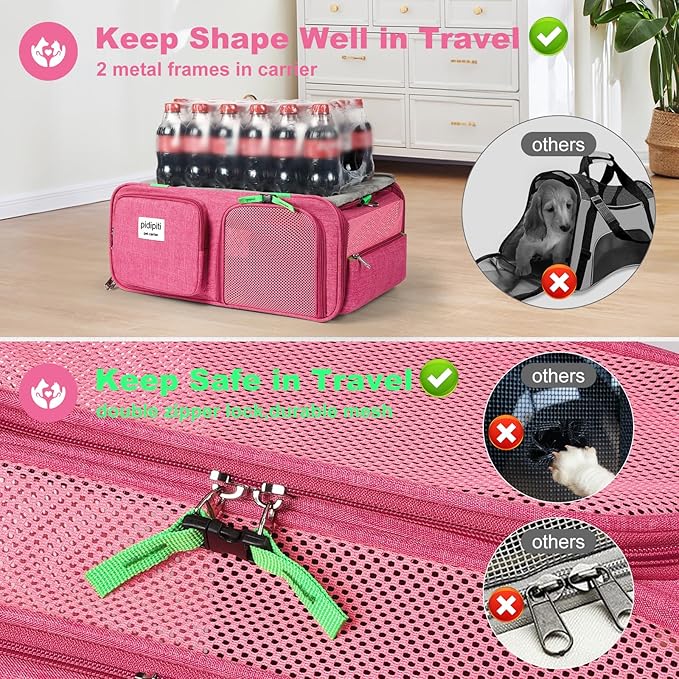 19x13x9 TSA Approved top Expandable pet Carrier for Small Dog Puppy cat up to 12 lbs Weight and 18'' Length, for Southwest Spirit Canada Airlines(Pink)