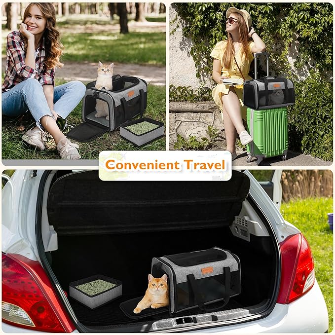 PETUX TSA Approved Pet Carrier in Cabin, 17"x11"x9.5" Soft Cat Carriers for Small Cats and Dogs Up to 15 LB, Top-Open Portable Pet Carrier Airline Approved with Litter Box and Anti-Scratch Mesh, Grey
