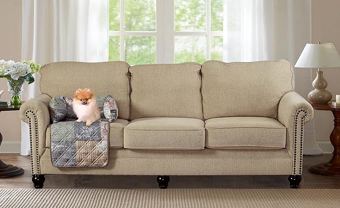 Brilliant Sunshine Quilted Calming Dog Bed Mat, Removable Washable Cover, Cushion Protector and Couch Covers for Dogs, Pets, Cats, Small, Latte Grey Paris and Toile Floral Patchwork