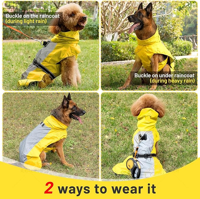 Dog Raincoat with Harness Built in,Outdoor Waterproof Puppy Rain Jacket for Small Dogs,Adjustable Waist by Strap Doggie Rain Coats,Yellow XS