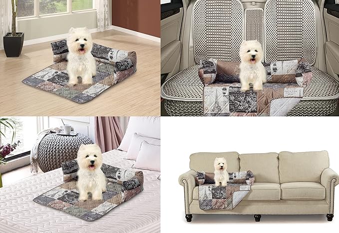 Brilliant Sunshine Quilted Calming Dog Bed Mat, Removable Washable Cover, Cushion Protector and Couch Covers for Dogs, Pets, Cats, Small, Latte Grey Paris and Toile Floral Patchwork