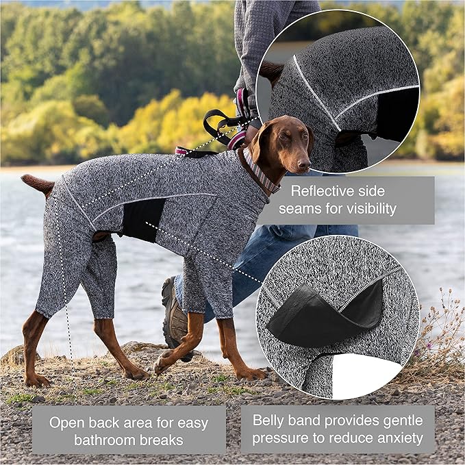 Kurgo Stowe Base Layer, Dog Onesie Body Warmer, Bodysuit for Dogs, Recovery Suit, Reduce Anxiety, Contains Shedding, Leash Opening, Reflective, Heather Black (X-Small)