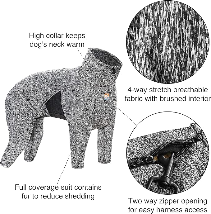 Kurgo Dog Onesie Body Warmer | Bodysuit for Dogs | Recovery Suit | Pet Pajamas | Reduce Anxiety | Contains Shedding | Leash Opening | Reflective | Stowe Base Layer | Heather Black/Grey (Small)