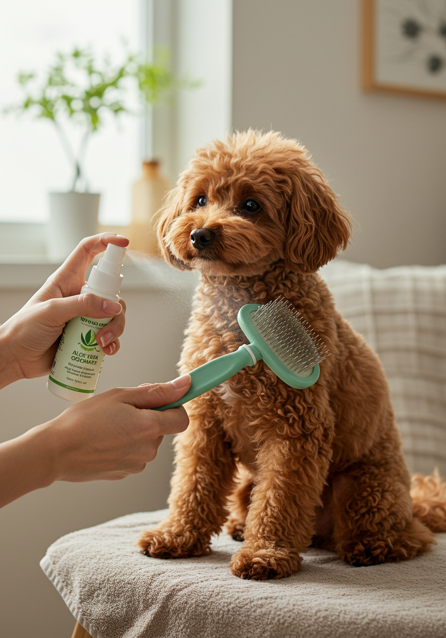 Brushing a brown toy poodle with aloe vera grooming spray at home during summer