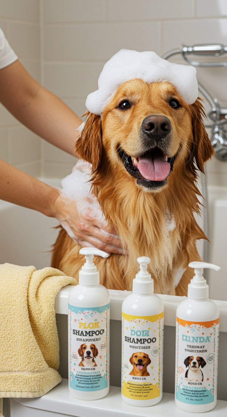 A happy Golden Retriever being bathed in a modern bathroom with dog shampoo and conditioner bottles in front. The dog is smiling with soap bubbles on its head while a person gently washes its back. A soft yellow towel and showerhead are also visible.
