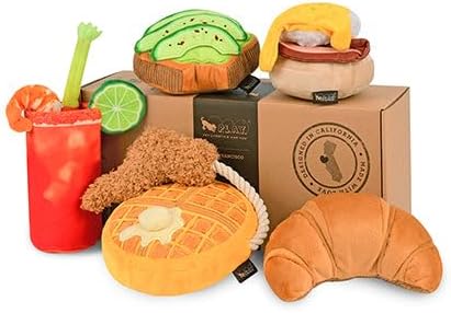 P.L.A.Y. Cute Plush Dog Toys - Brunch Breakfast Food Themed Durable Squeaker Chew Toys, Great for Puppies & Small, Medium, Large Dogs - Machine Washable, Recycled Materials (5 Piece Set, X-Small)