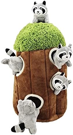 Dog Puzzle Plush Toy Tree with Squeaky Raccoons, Interactive Hide and Seek Fun, Promotes Mental Stimulation, Large Size, Brown/Gray Plush, 5-Pack (Raccoon in Tree, Large)