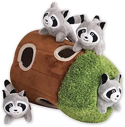 Hide and Seek Dog Toy, Plush Raccoon in Tree, Interactive Burrow, Squeaky, Woodland Style, Mental Stimulation, Fetch Fun, Replacement Toys, Medium Size, 4-Pack, Grey (Raccoon in Tree Medium)