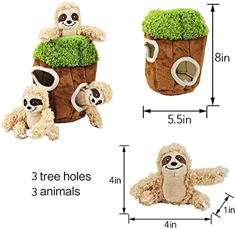 Hide and Seek Dog Toy, Interactive Burrow Dog Toy with Squeaker, Plush Sloth in Tree Trunk, Promotes Mental Stimulation, Easy to Clean, Small 8 x 5.5 inches, Brown (Small Sloth Tree)