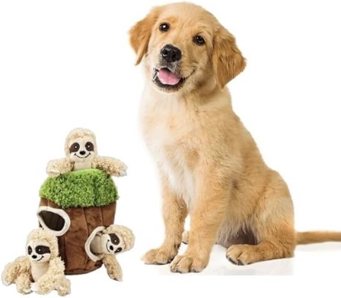 Hide and Seek Dog Toy, Interactive Burrow Dog Toy with Squeaker, Plush Sloth in Tree Trunk, Promotes Mental Stimulation, Easy to Clean, Small 8 x 5.5 inches, Brown (Small Sloth Tree)