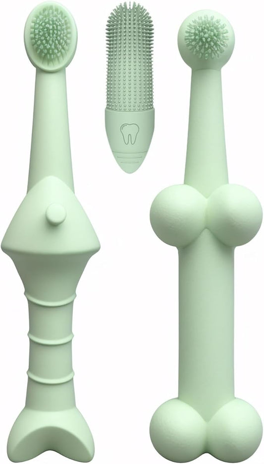 Pet Dental Care Set - Silicone Toothbrush and Finger Brush Set for Dogs and Cats with 1 Matching Finger Brush for Removing Food Debris and Freshening Breath (Blue/Green/Beige) (Green, Medium)