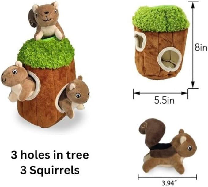 Squirrel in Tree Hide and Seek Plush Squirrel Inside Trunk Interactive Burrow Dog Toy for Small and Medium Size Dogs, Tree with Squirrels