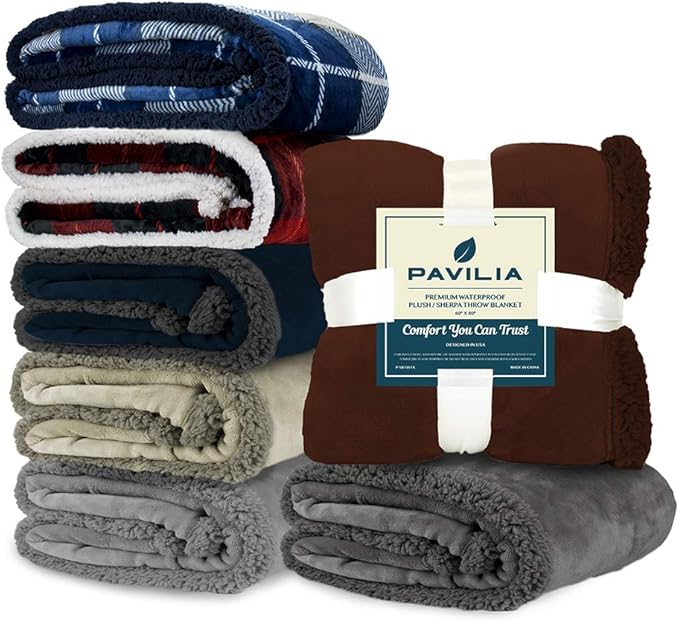 Pavilia Waterproof Blanket for Couch & Sofa | Large Dog & Cat Protector | Plush Soft Sherpa Blanket, Plaid Red, 60x80