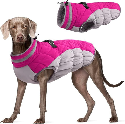 FUAMEY Dog Coat - Warm Winter Jacket with Padded Fleece, Reflective, Waterproof & Windproof, Built-in Harness, Rose Red, Large