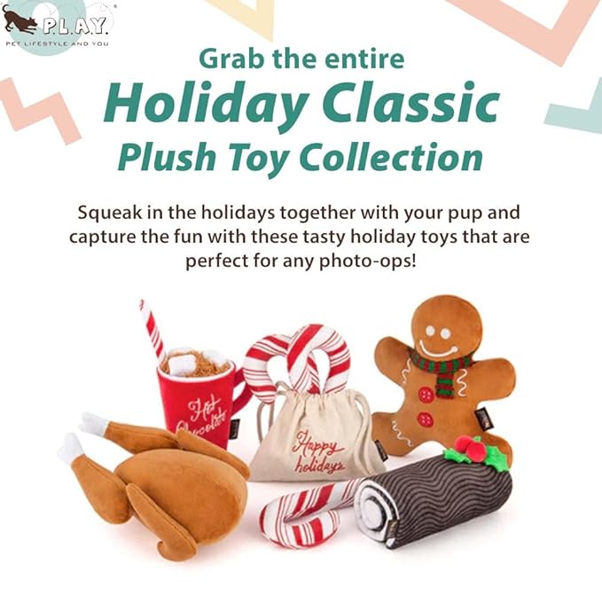 P.L.A.Y. Plush Dog Toys - Holiday Classic Themed Durable Squeaker Chew Toy, Great for Puppies & Small, Medium, Large Dogs - Machine Washable, Recycled Materials (Yummy Yuletide Log)