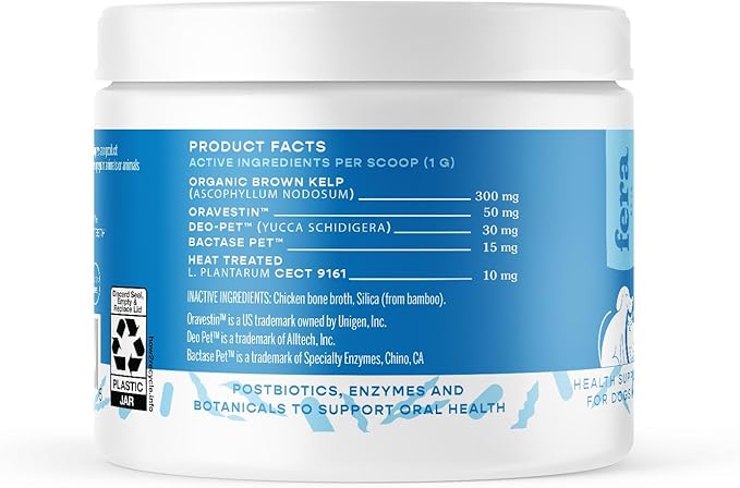 Fera Pet Organics Dental Support Powder for Dogs & Cats, Pet Breath Freshener, 60 Scoops, Vet Created, Promotes Healthy Teeth & Gums, Postbiotics & Enzymes Support Oral Health
