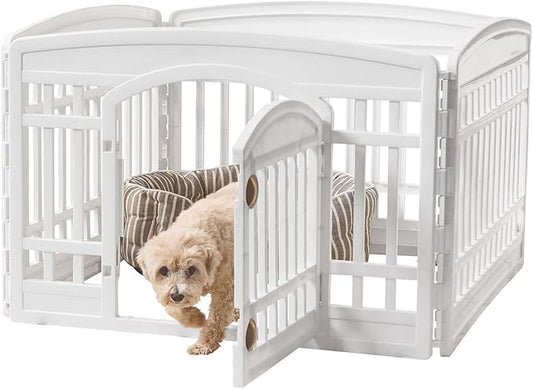 IRIS USA 24" 4-Panel Pet Dog Puppy Playpen with Door, for Puppies and Small Dogs, Keep Pets Secure, Easy Assemble, Fold It Down, Easy Storing, Customizable, White