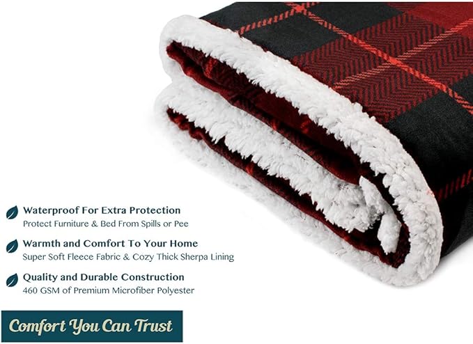 Pavilia Waterproof Blanket for Couch & Sofa | Large Dog & Cat Protector | Plush Soft Sherpa Blanket, Plaid Red, 60x80