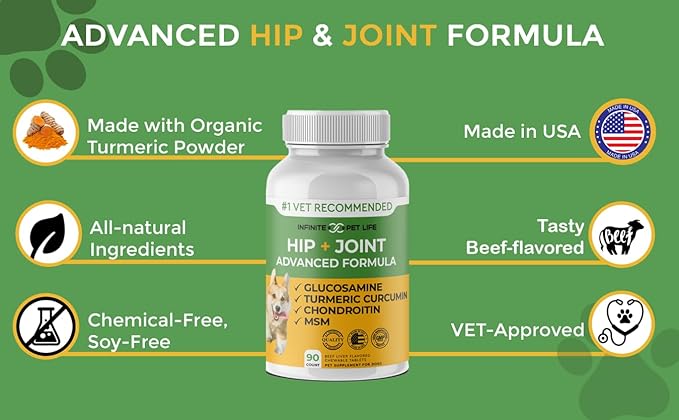 Advanced Hip and Joint Supplement for Dogs Large Breed - Glucosamine for Dogs Mobility & Pain Relief - All Natural Chondroitin, MSM & Turmeric Dog Joint Supplement - 90 Chewable Tablets