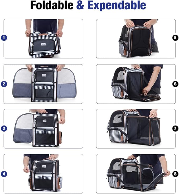 Lekebobor Large Cat Backpack Carrier Expandable Pet Carrier Backpack for Small Dogs Medium Cats Fit Up to 18 Lbs, Dog Carrier Backpack,Puppy Backpack Carrier, Blue Striped