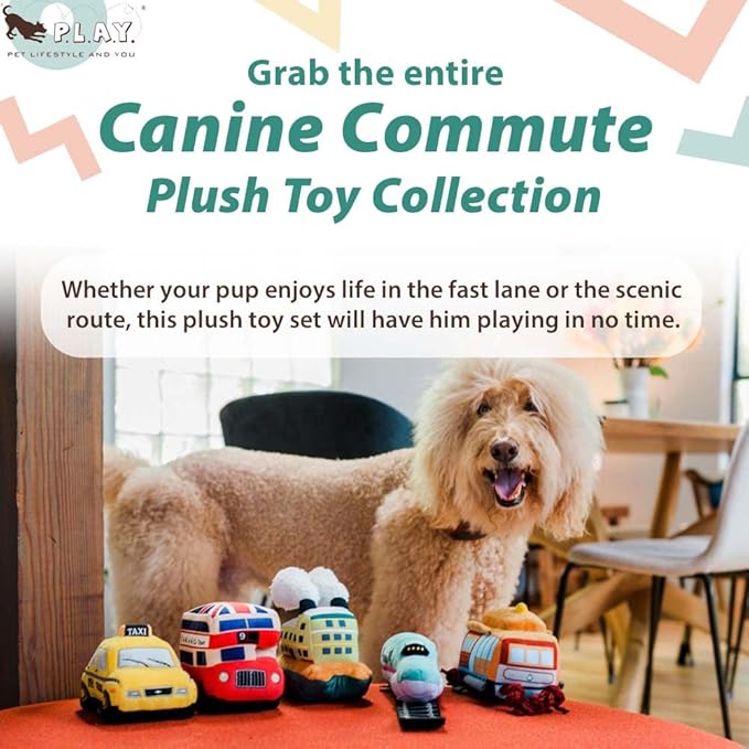 P.L.A.Y. Cute Plush Dog Toys - Canine Commute, Travel Themed Durable Squeaker Chew Toy, Great for Puppies & Small, Medium, Large Dog Breeds - Machine Washable, Recycled Materials (New-Yap City Taxi)