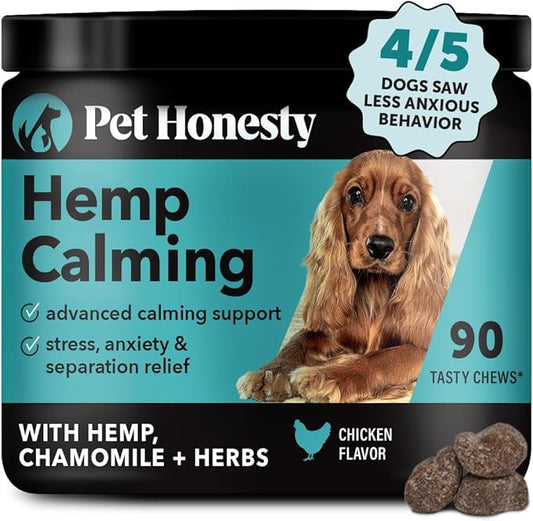 Pet Honesty Natural Hemp Calming Chews for Dogs - Dog Anxiety Relief - Calming Aid Supplement with Valerian Root, Chamomile, + Magnesium - Stress, Separation & Thunder Support - (Chicken, 90 Count)