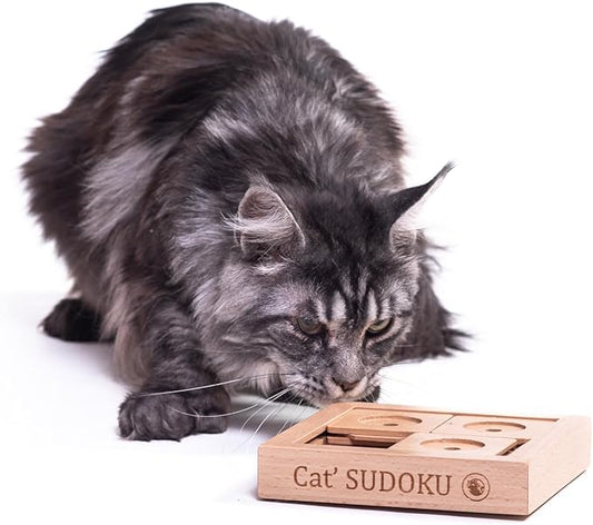 Interactive Wooden Sudoku Puzzle for Cats and Small Dogs - Basic Brain Pet Toy - 4 Treat-Hiding Holes, Small All-Wood Design