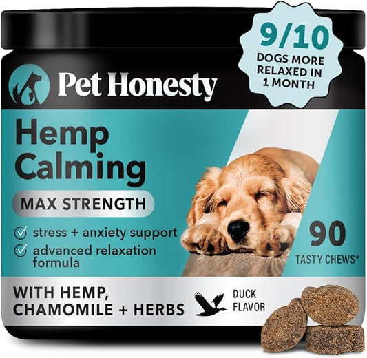 Natural Hemp Calming Chews for Dogs Maximum Strength - Hemp & Melatonin Dog Anxiety Relief - Calming Aid Supplement with Valerian Root - Stress, Separation & Thunder Support - (Duck 90 Ct)