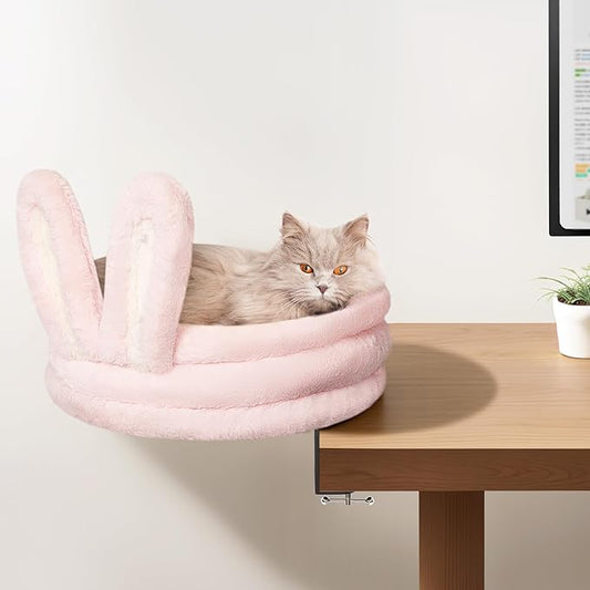 360° Rotation Cat Desk Bed, Cat Hammock Bed with Soft Rabbit Ear Cushion, Desktop Elevated Cats Beds with Metal Frames, Cats Desk Perch for Table, Pink