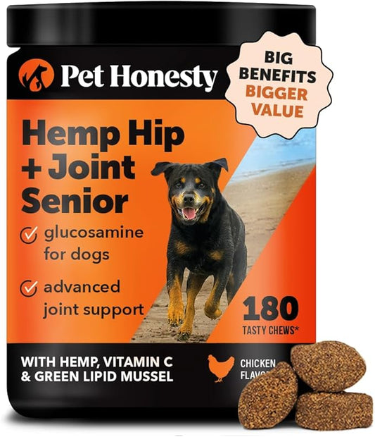 Pet Honesty Senior Hemp Hip & Joint Supplement - Dog Joint Supplement with Hemp Oil, Glucosamine for Dogs, Collagen, MSM & Green Lipped Mussel - Mobility for Senior Dogs (Chicken 180ct)