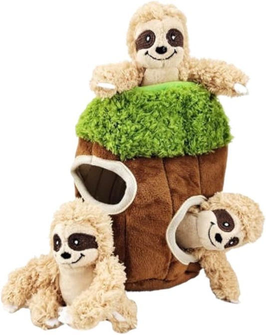 Hide and Seek Dog Toy, Interactive Burrow Dog Toy with Squeaker, Plush Sloth in Tree Trunk, Promotes Mental Stimulation, Easy to Clean, Small 8 x 5.5 inches, Brown (Small Sloth Tree)