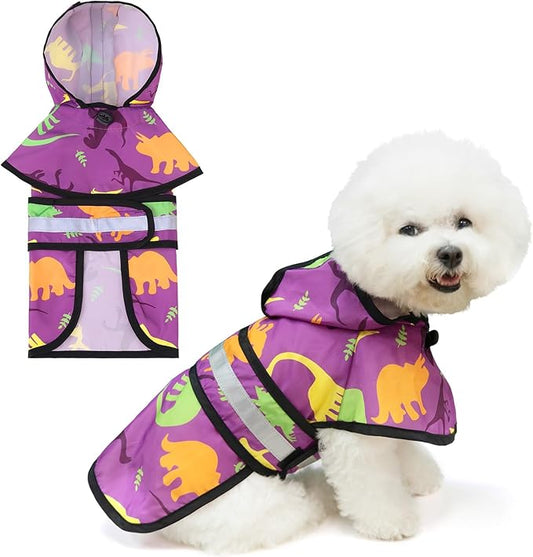 KOOLTAIL Dog Raincoat Hooded Slicker Poncho with leash hole, DRaincoat for Small Medium Dogs, Waterproof Doggie Rain Jacket with Reflective Strip, Adjustable Breathable Puppy Rainwear-Dinosaur Cartoon