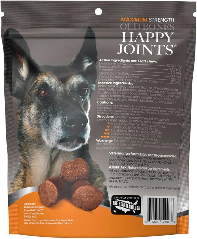 ARK NATURALS Gray Muzzle Old Dogs Happy Joints Chews for Large Breed Dogs, Vet Recommended to Support Cartilage and Joint Function, 500 mg Glucosamine, 16.5 oz Bag, Packaging May Vary (71008)