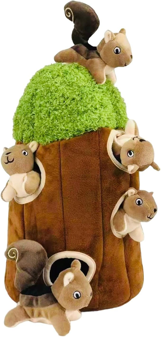 Squirrel in Tree Hide and Seek Toy for Small and Medium Size Dogs, Plush Squirrel Inside Trunk With Squeaker, Interactive Burrow (Tree With Squirrels, Large)