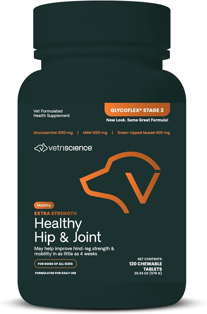 VetriScience Glycoflex 3 Clinically Proven Hip and Joint Supplement for Dogs - Maximum Strength Dog Supplement with Glucosamine, MSM, Green Lipped Mussel & DMG - 120 Chewable Tablets, Chicken Flavor