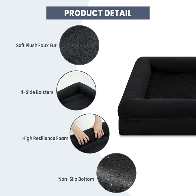 Large Dog Bed for Large Dogs, Waterproof Orthopedic Dog Bed with Removable Cover, 4-Sides Removable Bolster Soft Sofa with Nonskid Bottom, Washable Pet Beds, Black