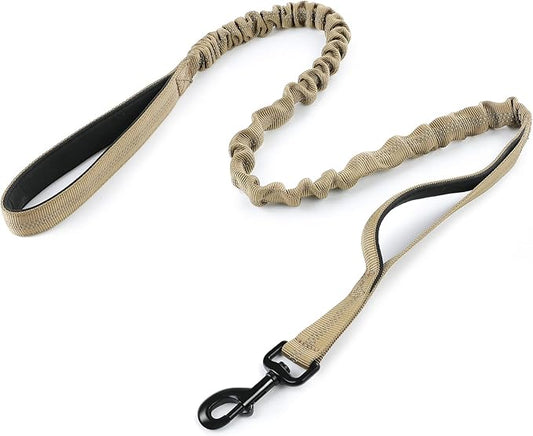 rabbitgoo Tactical Bungee Dog Leash with Shock Absorption, Military Training Leash with 2 Padded Control Handles for Medium Large Dogs, 6FT, Brown