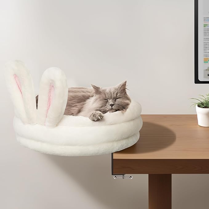 360° Rotation Cat Desk Bed, Cat Hammock Bed with Soft Rabbit Ear Cushion, Desktop Elevated Cats Beds with Metal Frames, Cats Desk Perch for Table, White